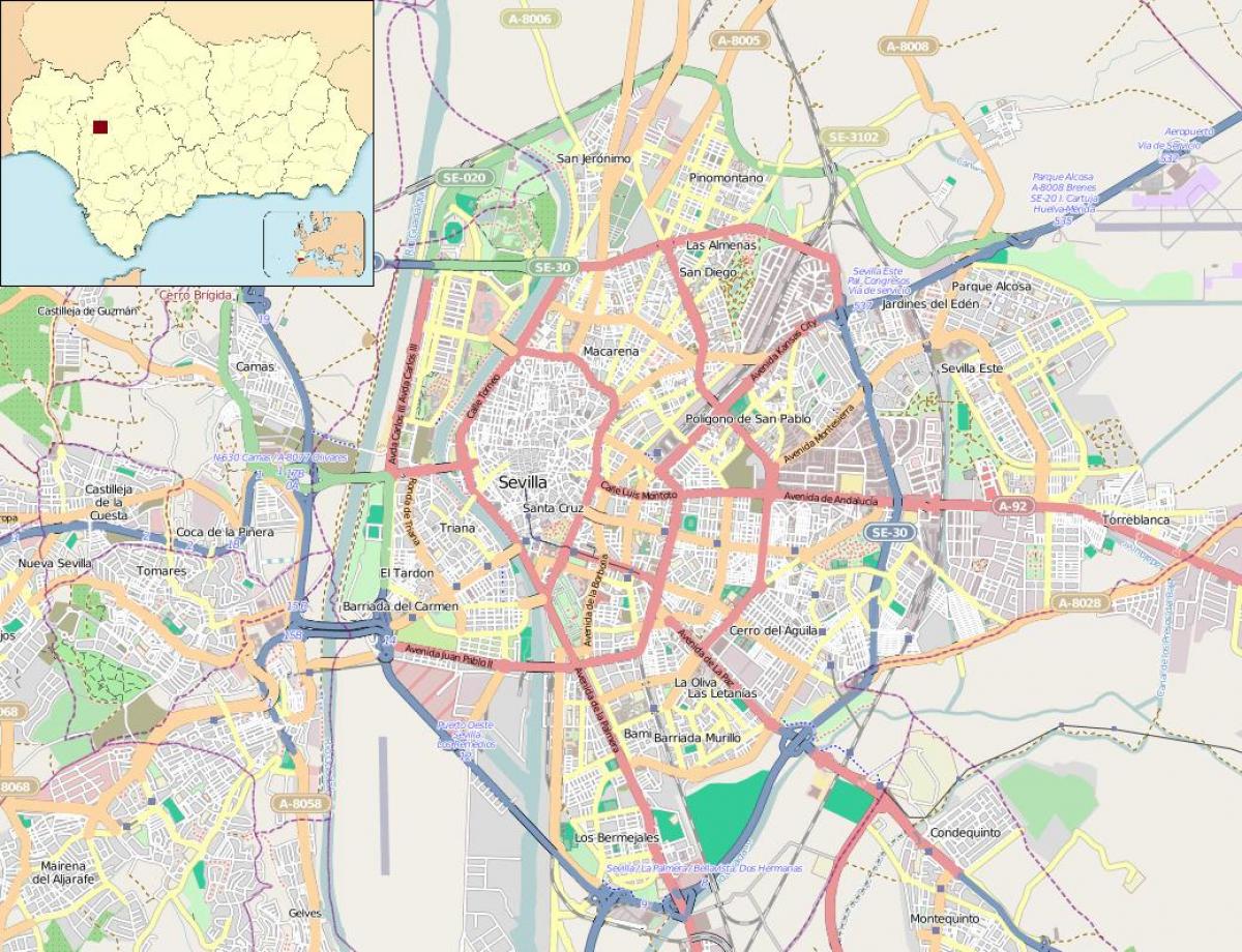 mapa Sevilla (španielsko) štvrtí