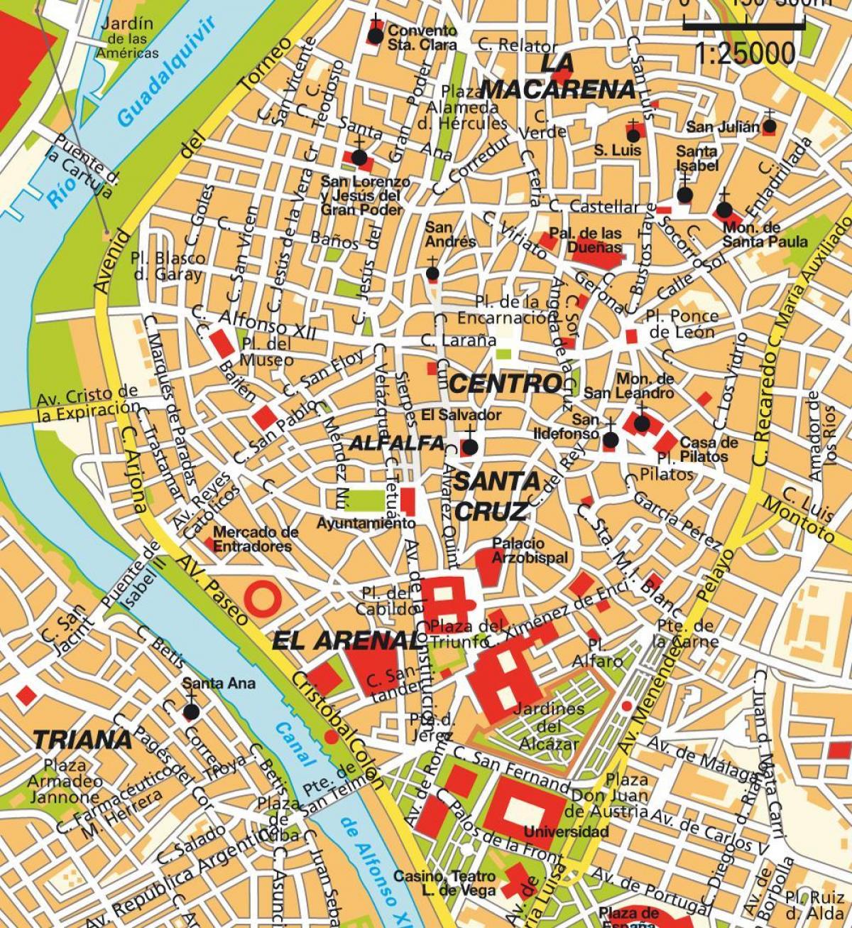 mapa, Seville, španielsko v centre mesta